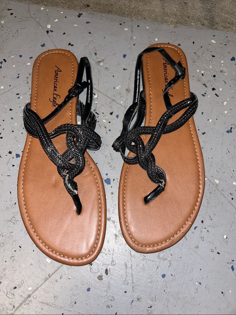 American Eagle Outfitters Black Braided Knot Thong Sandals with Tan Footbed